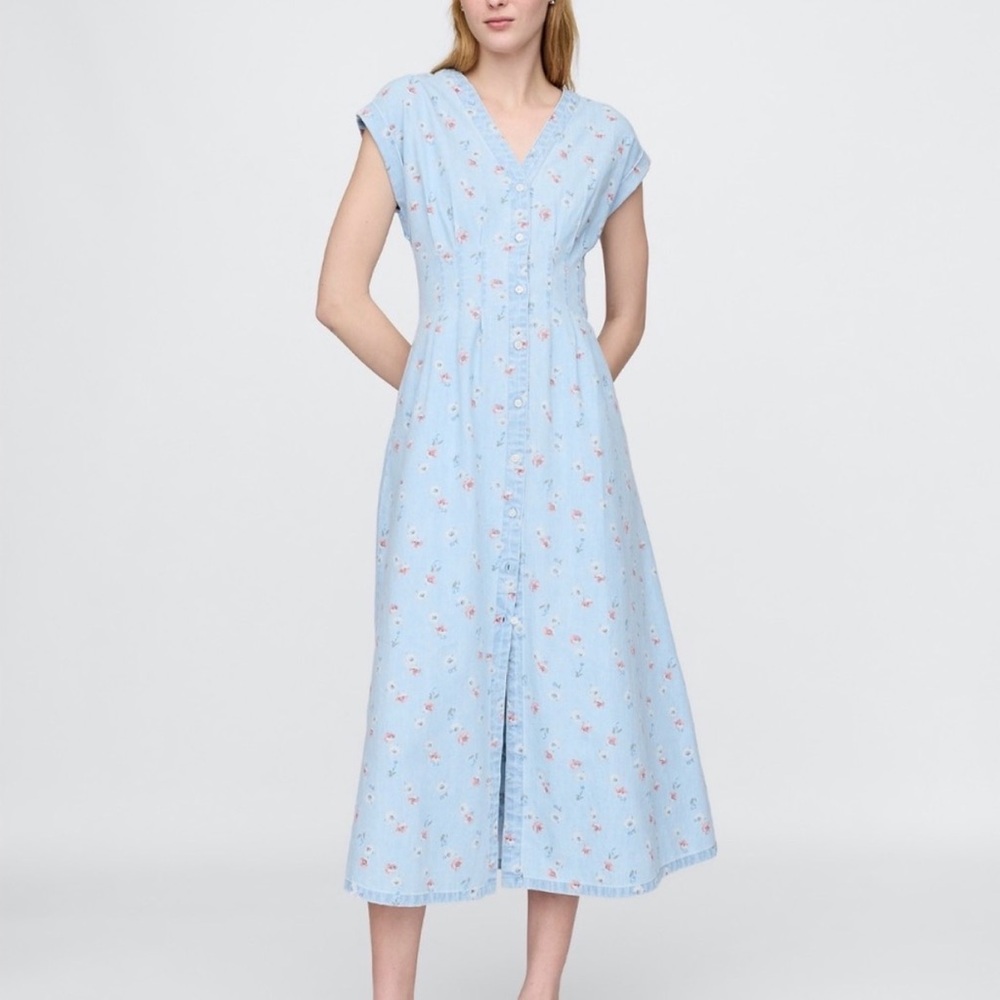 Gap denim floral pleated midi dress